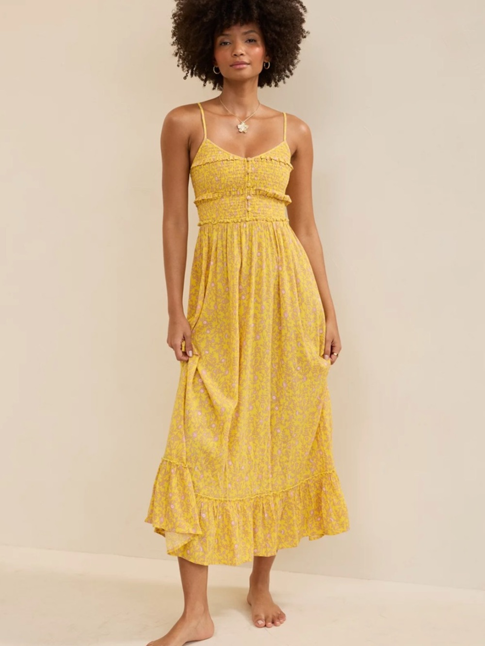 Aerie Button Front Smocked Maxi Dress in Yellow Infusion Size Large